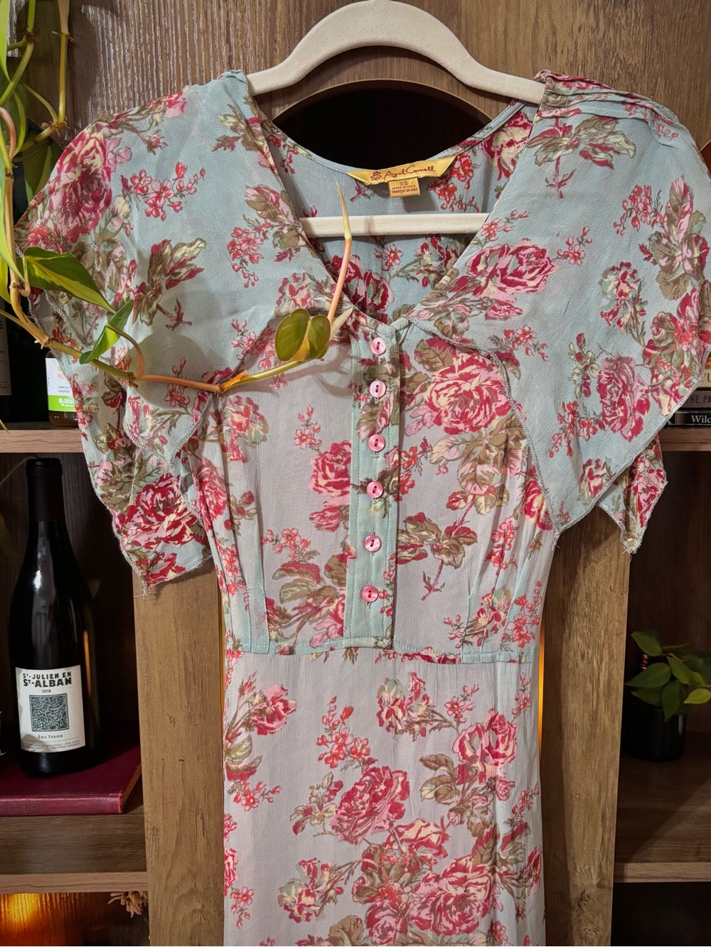 XS Pastel Pink Blue Floral Rose Print V-Neck Maxi Dress - Picture 8 of 13
